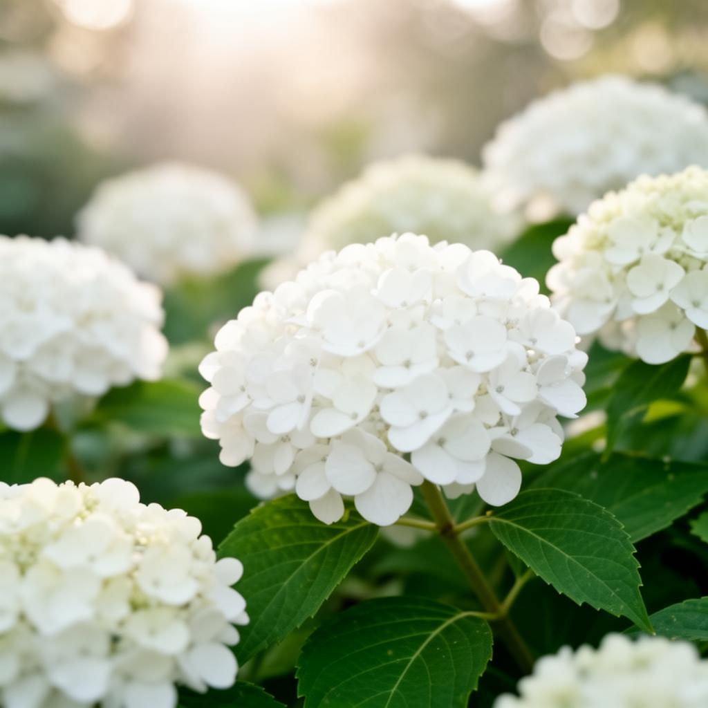 Soft white Annabelle hydrangea blooms in morning light