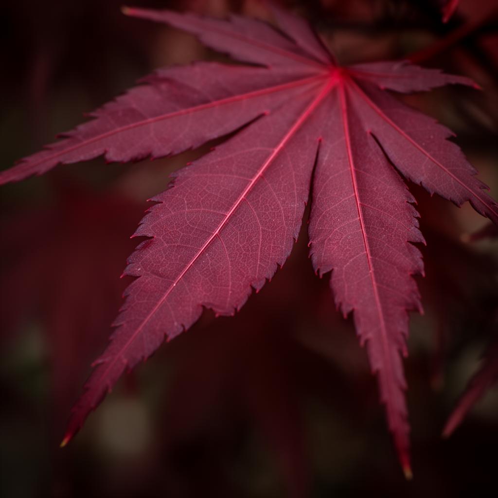 Close-up of a deep crimson Japanese Maple 'Bloodgood' leaf
