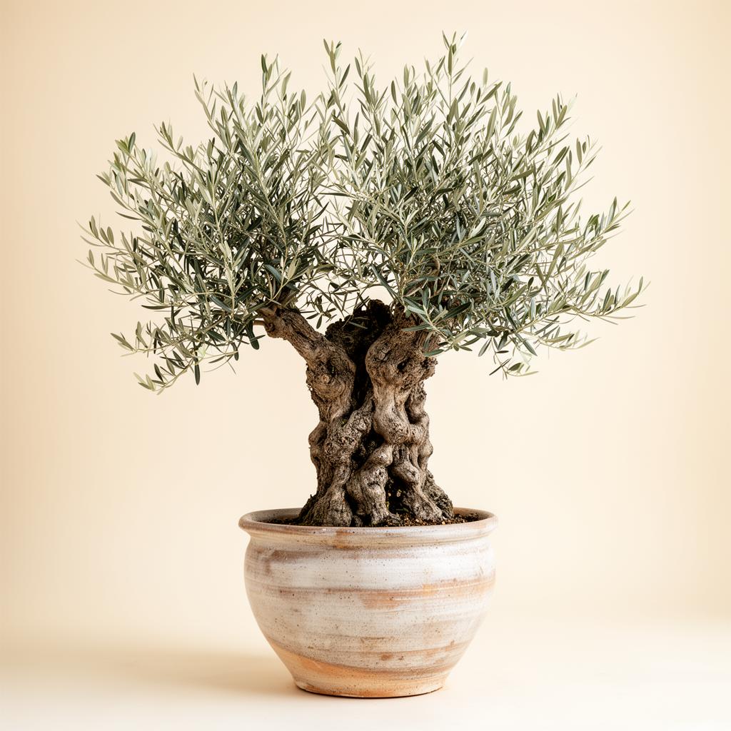 A century-old olive tree specimen in a hand-thrown ceramic pot
