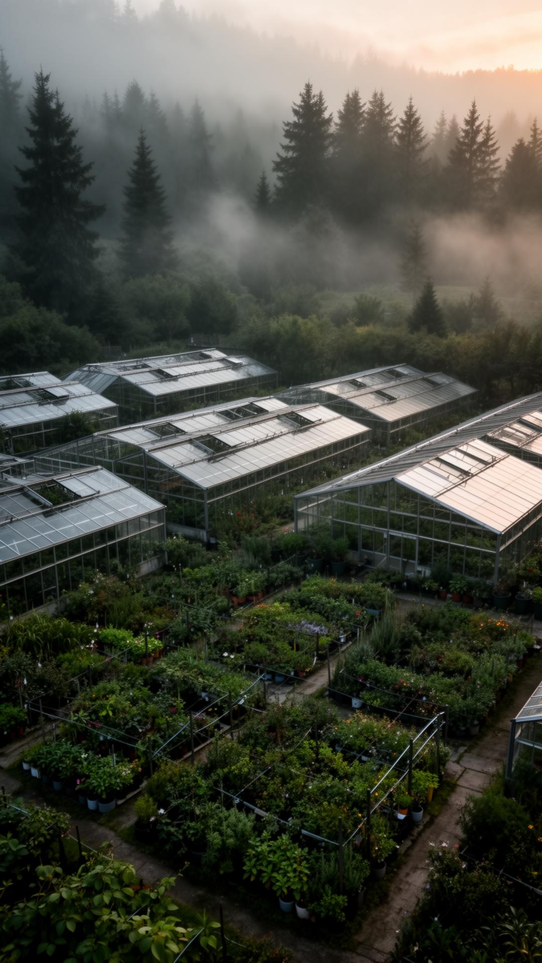 A misty aerial view of the Green Valley nursery at dawn